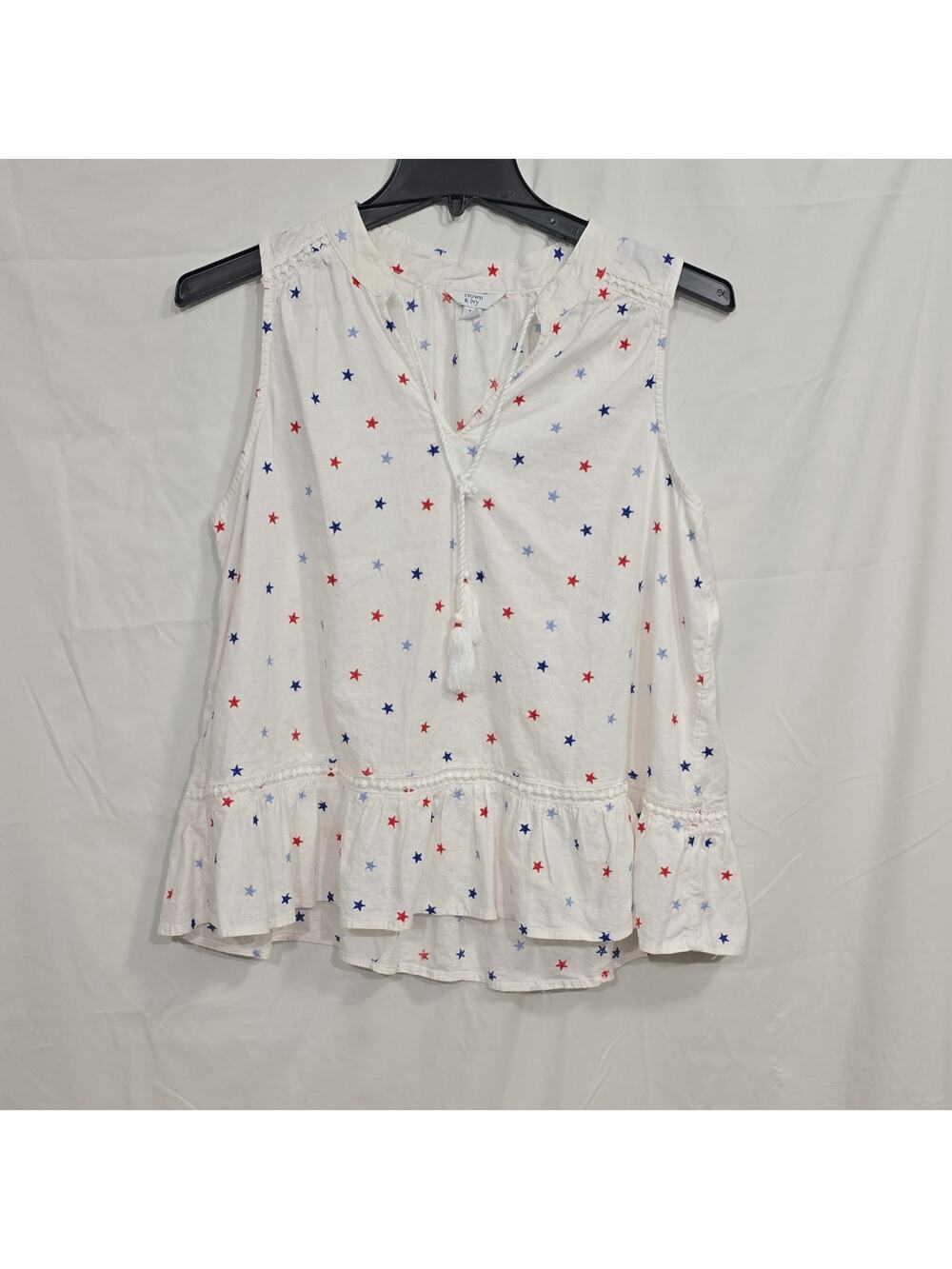 Crown & Ivy Womens XL White Patriotic Star Print Sleeveless Peplum Blouse Linen